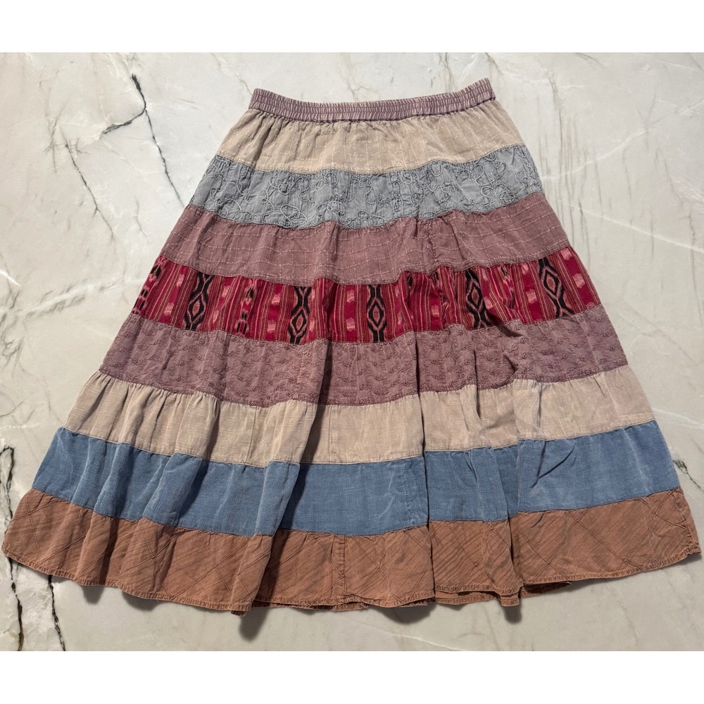Sacred Threads Patchwork Tiered Maxi Skirt Womens Small Cotton Boho Corduroy